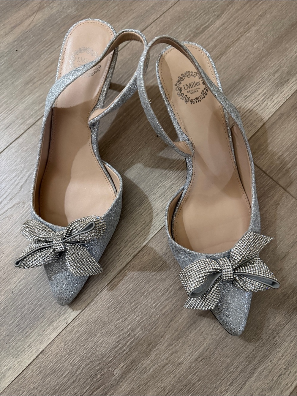 L.K. Miller Silver Glitter Slingback Pumps with Crystal Bow